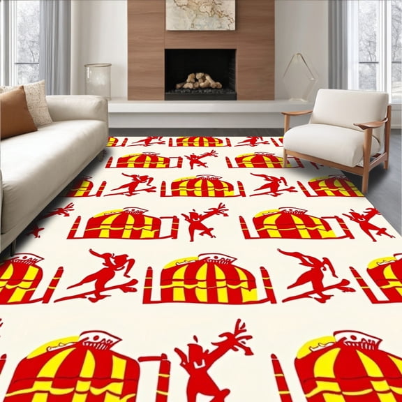 ODIKA 6'x9' Machine Washable Non-Slip Area Rug, Vintage Circus Carnival with Big Top Tent Performer Spectacle High Traffic Rug, Red, 693065