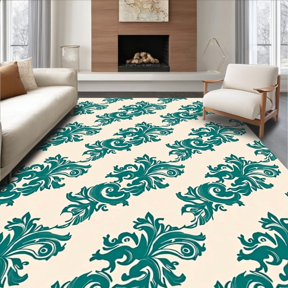 ODIKA 6'x9' Machine Washable Non-Slip Area Rug, Vintage Damask Scroll with Elegant Filigree Accent Details High Traffic Rug with Pad, Ivory, 571300