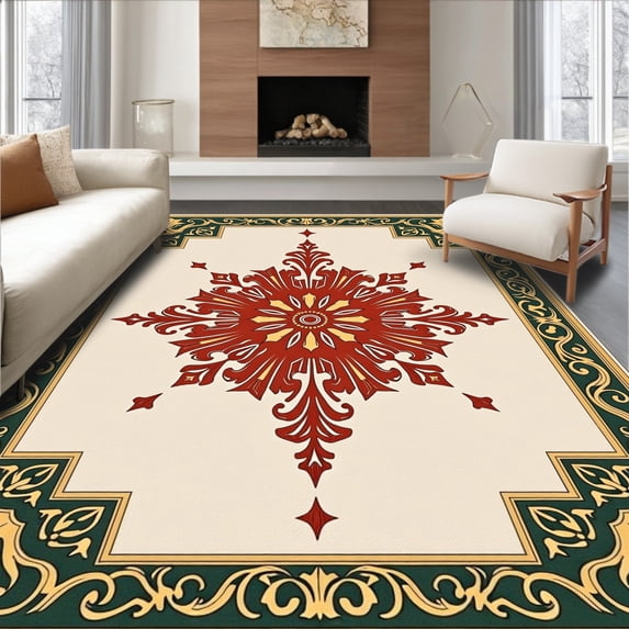 ODIKA 6'x9' Machine Washable Non-Slip Area Rug, Vintage Distressed Medallion With Secure Base High Traffic Rug, Red, 579740
