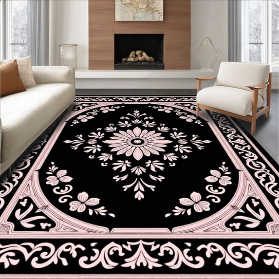 ODIKA 6'x9' Machine Washable Non-Slip Area Rug, Vintage Floral Medallion Needlework Project High Traffic Rug, Black, 628977
