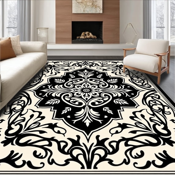 ODIKA 6'x9' Machine Washable Non-Slip Area Rug, Vintage Floral Medallion With Elegant Botanical Ornaments High Traffic Rug, Black, 566183