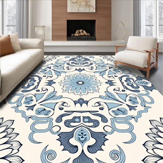 ODIKA 6'x9' Machine Washable Non-Slip Area Rug, Vintage Floral Ornate Medallion Classic Timeless Elegant Decorative High Traffic Rug, Ivory, 521092