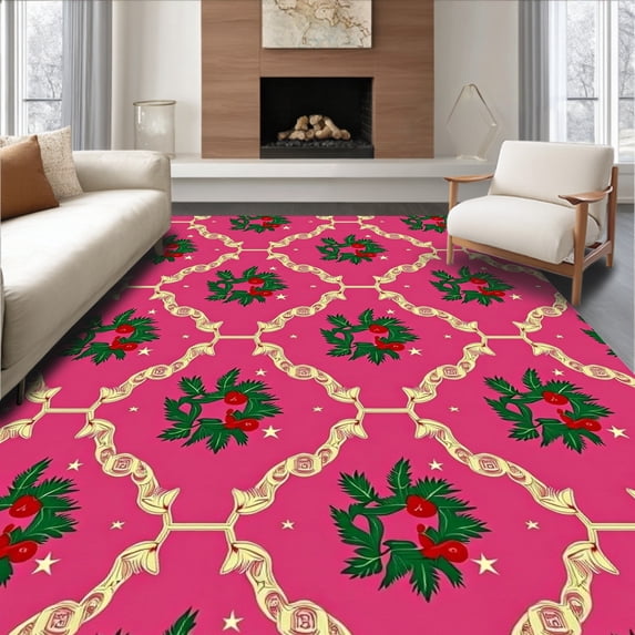 ODIKA 6'x9' Machine Washable Non-Slip Area Rug, Vintage Holiday Wreaths with Holly Berries and Twinkling Stars Duo High Traffic Rug with Pad, Pink, 733828