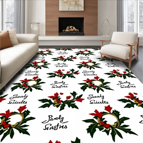 ODIKA 6'x9' Machine Washable Non-Slip Area Rug, Vintage Holly Wreath with Festive Intricate Leaf Motifs High Traffic Rug, Green, 611827