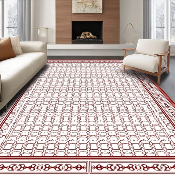 ODIKA 6'x9' Machine Washable Non-Slip Area Rug, Vintage Inspired Floral Lattice with Delicate Scrollwork and Decorative Accents High Traffic Rug with Pad, Red, 665911