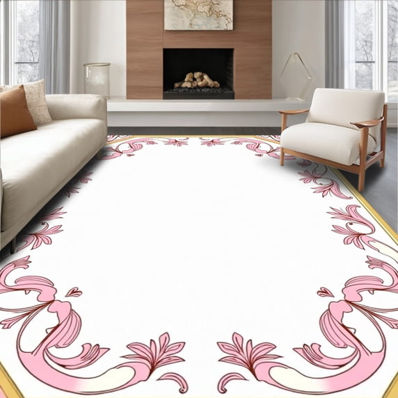 ODIKA 6'x9' Machine Washable Non-Slip Area Rug, Vintage Inspired Scrollwork with Baroque Flourish Details High Traffic Rug with Pad, Pink, 495401