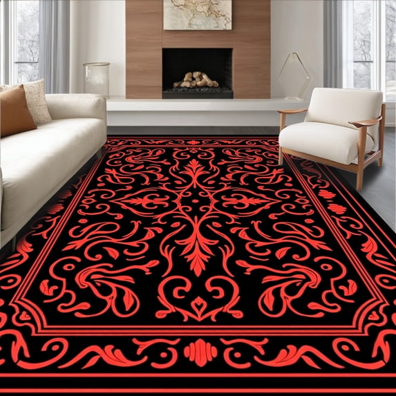 ODIKA 6'x9' Machine Washable Non-Slip Area Rug, Vintage Inspired Scrollwork with Elaborate Flourishes High Traffic Rug with Pad, Black, 665313