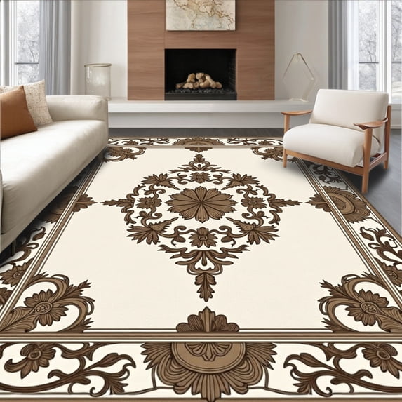 ODIKA 6'x9' Machine Washable Non-Slip Area Rug, Vintage Medallion Revival with Ornate Scrollwork Accents High Traffic Rug with Pad, Brown, 591418