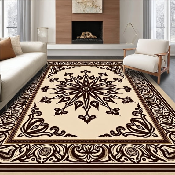 ODIKA 6x9 Machine Washable Non-Slip Area Rug, Vintage Medallion Tapestry with Ornate Border Design Contemporary Floor Covering High Traffic Rug, Beige, 667027
