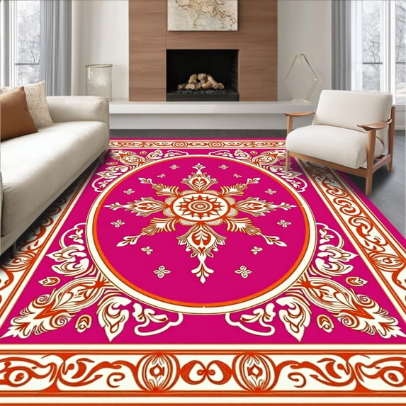 ODIKA 6'x9' Machine Washable Non-Slip Area Rug, Vintage Paisley Garden Damask with Thanksgiving Harvest High Traffic Rug, Pink, 513051