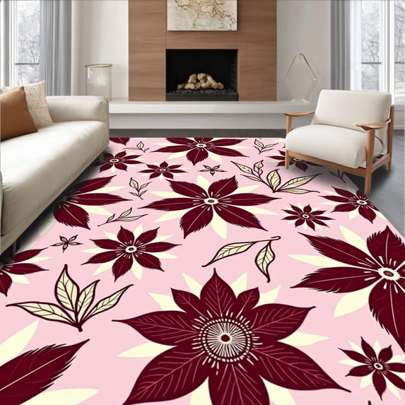 ODIKA 6'x9' Machine Washable Non-Slip Area Rug, Vintage Poinsettia Bloom Half Moon Floral Holiday Motif High Traffic Rug with Pad, Pink, 612791