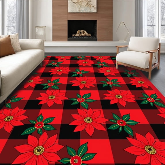 ODIKA 6'x9' Machine Washable Non-Slip Area Rug, Vintage Poinsettia Bloom Motif with Classic Buffalo Check High Traffic Rug, Red, 651622