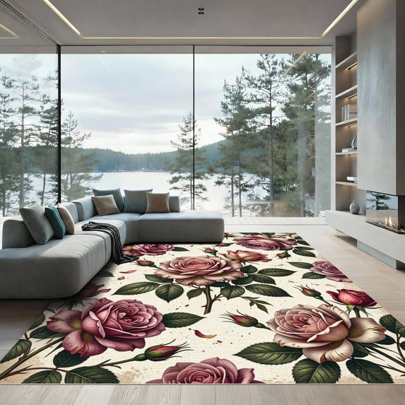 ODIKA 6'x9' Machine Washable Non-Slip Area Rug, Vintage Rose High Traffic Rug, Pink, 999190