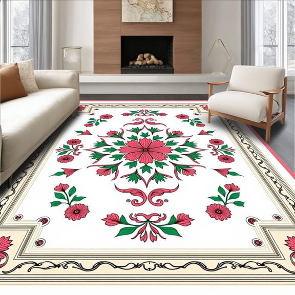 ODIKA 6'x9' Machine Washable Non-Slip Area Rug, Vintage Rose Medallion Crochet Kit Pre Printed Holiday Canvas High Traffic Rug, Pink, 645886