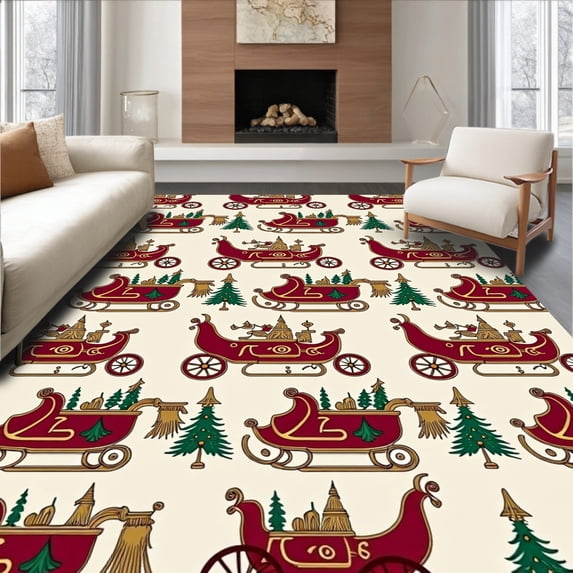 ODIKA 6'x9' Machine Washable Non-Slip Area Rug, Vintage Santa Sleigh Print Holiday Pair High Traffic Rug with Pad, Red, 629500