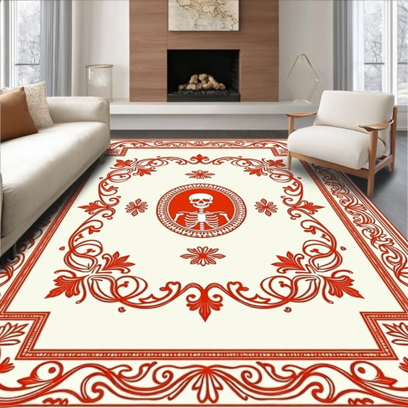 ODIKA 6'x9' Machine Washable Non-Slip Area Rug, Vintage Skeleton Cameo with Ornate Floral Scrolls High Traffic Rug, Red, 514382