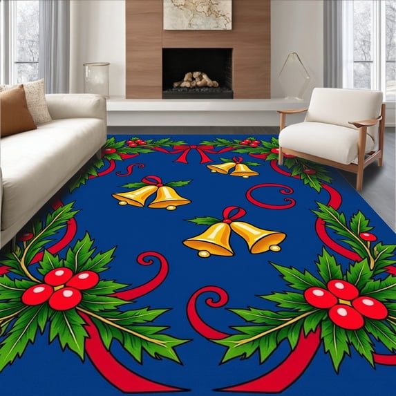 ODIKA 6'x9' Machine Washable Non-Slip Area Rug, Vintage Sleigh Bells Holly Berry with Ribbon Details High Traffic Rug, Blue, 628055
