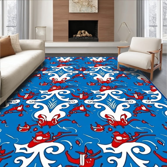 ODIKA 6'x9' Machine Washable Non-Slip Area Rug, Vintage Sleigh Ride Interlocking Motif With Snowy Pine Accents High Traffic Rug with Pad, Blue, 737787
