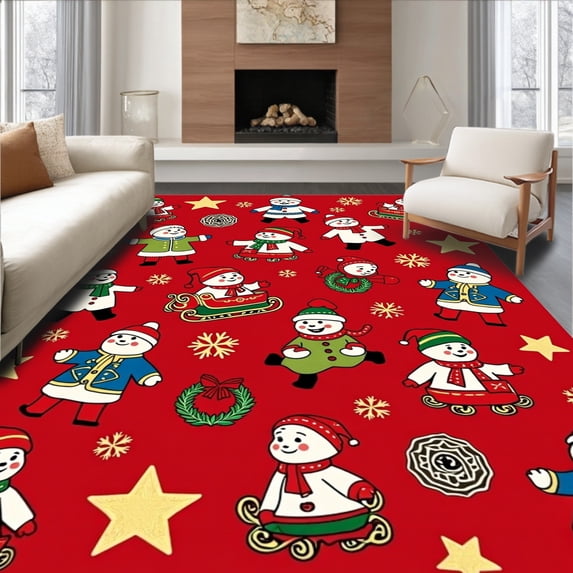 ODIKA 6'x9' Machine Washable Non-Slip Area Rug, Vintage Sleigh Ride with Classic Snowman and Details High Traffic Rug, Red, 626176