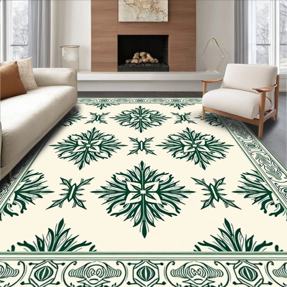 ODIKA 6'x9' Machine Washable Non-Slip Area Rug, Vintage Snowflake Medallion Holiday Door Classic Winter Design High Traffic Rug with Pad, Ivory, 653494