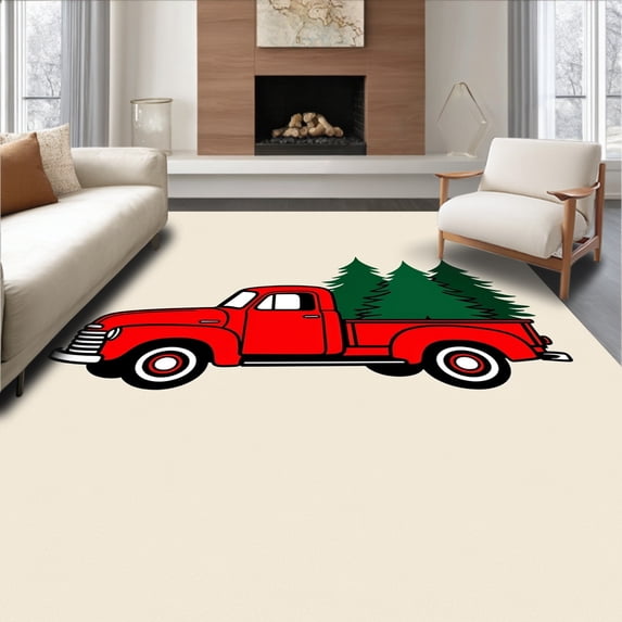 ODIKA 6'x9' Machine Washable Non-Slip Area Rug, Vintage Truck Christmas Tree Farm Entrance Holiday Transport High Traffic Rug, Red, 628090