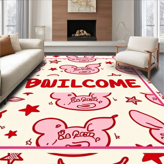 ODIKA 6'x9' Machine Washable Non-Slip Area Rug, Vintage Welcome Banner with Classic Animation Character Tribute High Traffic Rug, Ivory, 725852