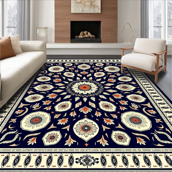 ODIKA 6'x9' Machine Washable Non-Slip Area Rug, Vita Floral Medallions Overdyed Saturated Heritage Classic High Traffic Rug, Navy, 663345