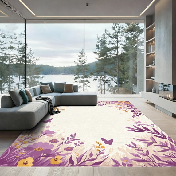 ODIKA 6'x9' Machine Washable Non-Slip Area Rug, Watercolor Purple High Traffic Rug, Purple, 1078504