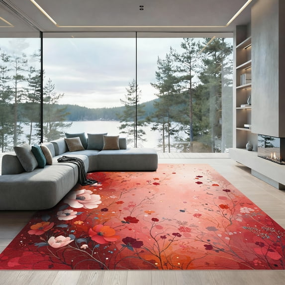ODIKA 6'x9' Machine Washable Non-Slip Area Rug, Watercolor Red High Traffic Rug, Red, 1097575