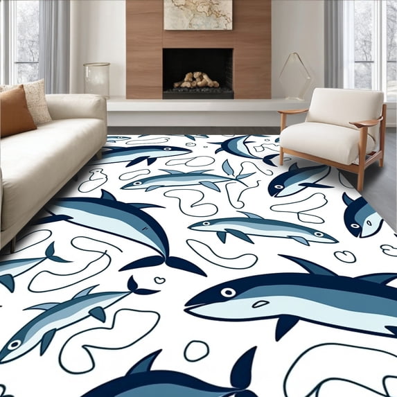 ODIKA 6'x9' Machine Washable Non-Slip Area Rug, Whale Splash Bath with Marine Life High Traffic Rug, Blue, 704775