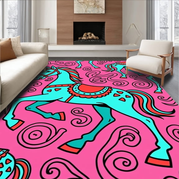 ODIKA 6'x9' Machine Washable Non-Slip Area Rug, Whimsical Carousel Horse with Playful Swirls and Ribbon Accents High Traffic Rug, Pink, 635444