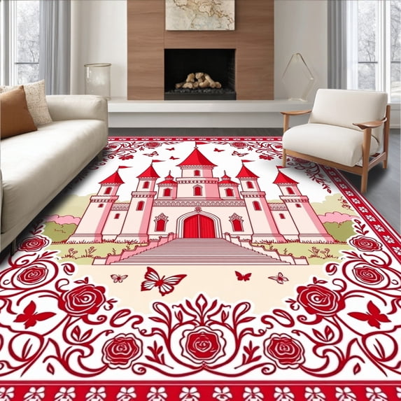 ODIKA 6'x9' Machine Washable Non-Slip Area Rug, Whimsical Castle Surrounded by Enchanted Garden and Cute Critters High Traffic Rug with Pad, Red, 725035