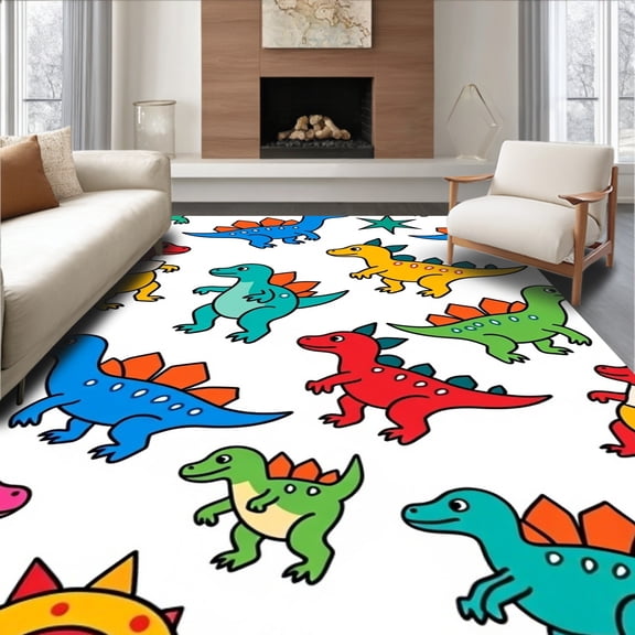 ODIKA 6x9 Machine Washable Non-Slip Area Rug, Whimsical Dino Parade Featuring Playful Cartoon Creatures High Traffic Rug with Pad, Blue, 729364