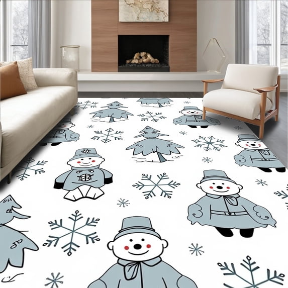 ODIKA 6'x9' Machine Washable Non-Slip Area Rug, Whimsical Frosty Friends Evergreen Wilderness Journey High Traffic Rug with Pad, White, 617874