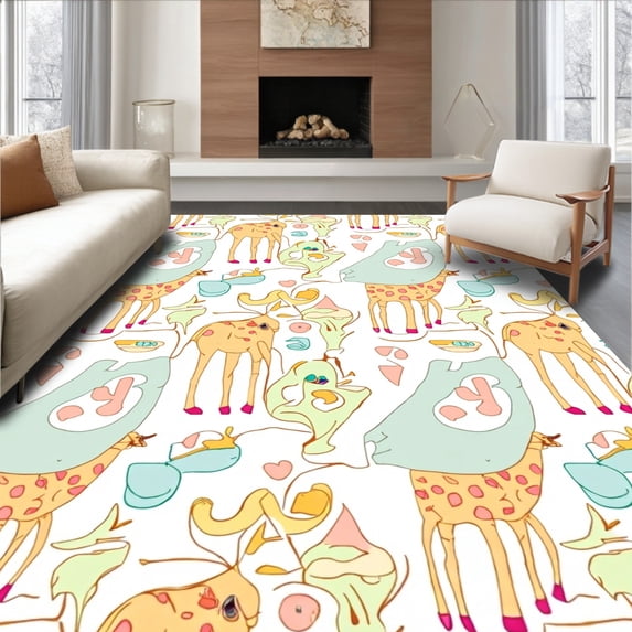 ODIKA 6'x9' Machine Washable Non-Slip Area Rug, Whimsical Giraffe and Alphabet with Cream Background High Traffic Rug, Orange, 697533