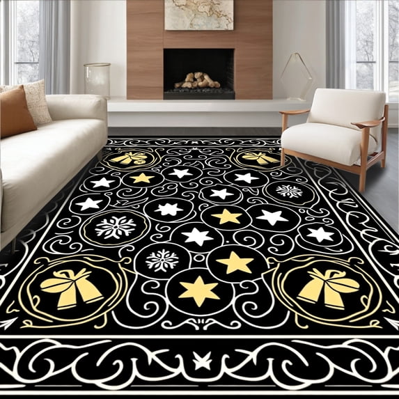 ODIKA 6'x9' Machine Washable Non-Slip Area Rug, Whimsical Interlocking And Vintage Bell Emblems High Traffic Rug with Pad, Black, 746141