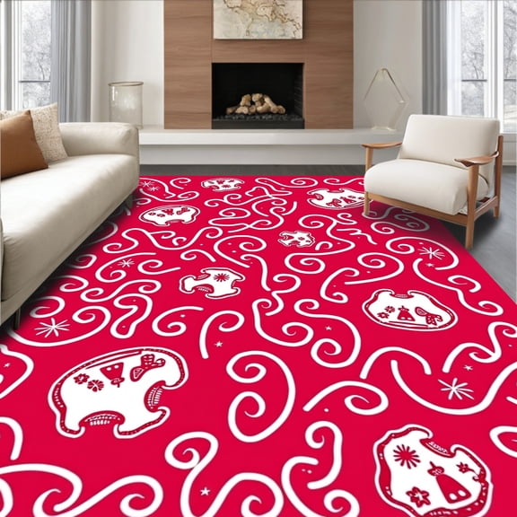 ODIKA 6x9 Machine Washable Non-Slip Area Rug, Whimsical North Pole Santa Workshop Enchanted Village Accent High Traffic Rug, Red, 739791