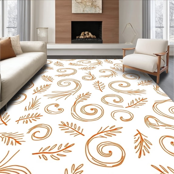 ODIKA 6'x9' Machine Washable Non-Slip Area Rug, Whimsical Pine Needle Swirl Festive Design High Traffic Rug with Pad, Orange, 629569