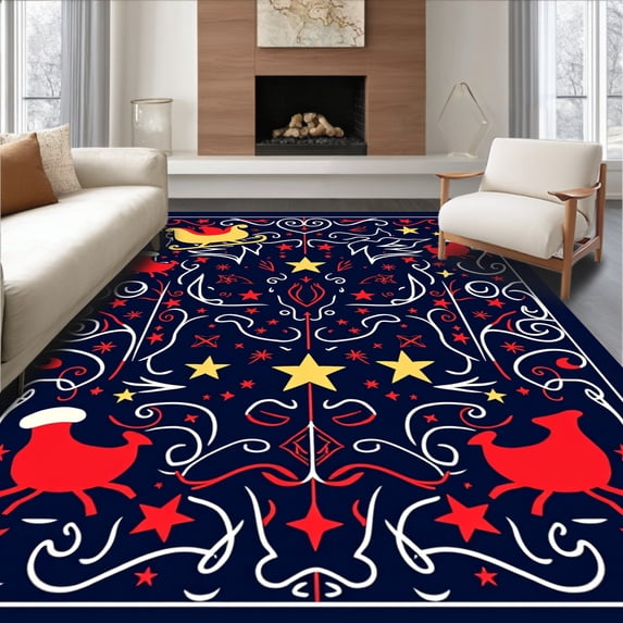 ODIKA 6'x9' Machine Washable Non-Slip Area Rug, Whimsical Santa Sleigh Ride with Starry Winter Sky Accents High Traffic Rug, Blue, 621764