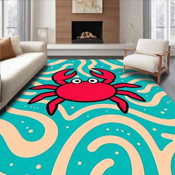 ODIKA 6'x9' Machine Washable Non-Slip Area Rug, Whimsical Sea Creature Motif Featuring Playful Crustacean Illustration High Traffic Rug with Pad, Red, 724969
