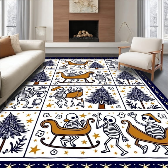 ODIKA 6'x9' Machine Washable Non-Slip Area Rug, Whimsical Skeleton Sleigh Parade with Snowy Evergreen and Festive Stars High Traffic Rug with Pad, Blue, 625632