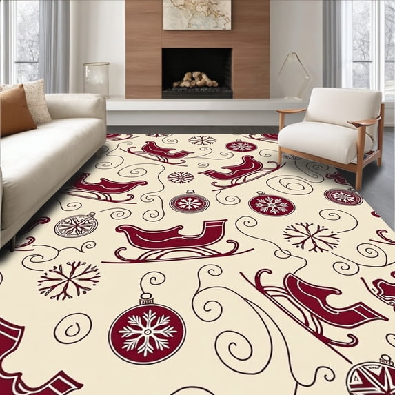 ODIKA 6'x9' Machine Washable Non-Slip Area Rug, Whimsical Sleigh Ride Theme with Swirling Snow and Vintage Ornaments High Traffic Rug, Ivory, 626127