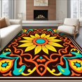 thumbnail image 1 of ODIKA 6'x9' Machine Washable Non-Slip Area Rug, Whimsical Sunflower Burst with Interlocking Scrollwork High Traffic Rug, Brown, 640396, 1 of 7