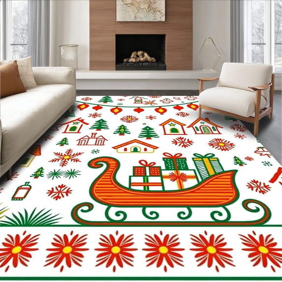 ODIKA 6'x9' Machine Washable Non-Slip Area Rug, Whimsical Winter Village with Sleigh and Festooned Lanterns High Traffic Rug with Pad, Red, 622649