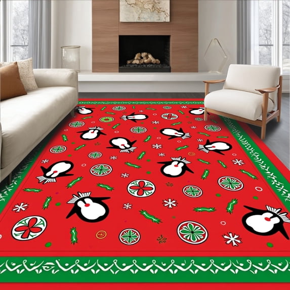 ODIKA 6'x9' Machine Washable Non-Slip Area Rug, Whimsical Yuletide Character Medley with Festive Border High Traffic Rug, Red, 746283