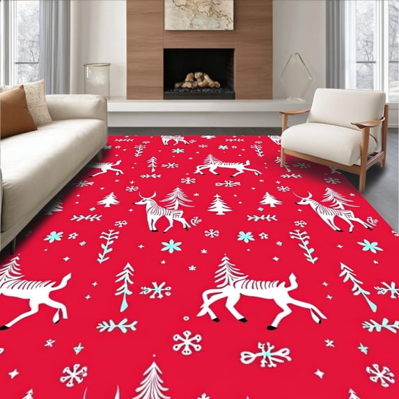 ODIKA 6'x9' Machine Washable Non-Slip Area Rug, Whimsical Yuletide Wonderland with Trees Prancing Deer and Delicate Flakes High Traffic Rug with Pad, Red, 733033