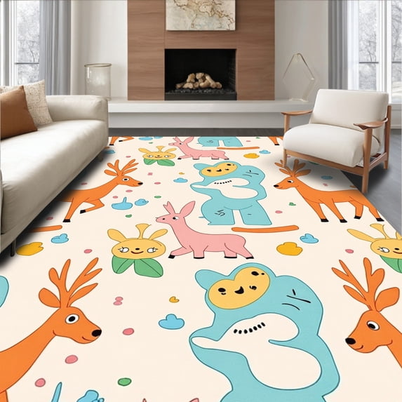 ODIKA 6'x9' Machine Washable Non-Slip Area Rug, Whimsical Zoo Animals Floor with Adorable Creature Illustrations High Traffic Rug with Pad, Orange, 684037