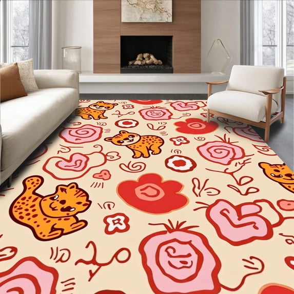 ODIKA 6'x9' Machine Washable Non-Slip Area Rug, Wild Jungle Feline Plush Shower Cute Character Anti Slip Bathroom High Traffic Rug with Pad, Beige, 719236