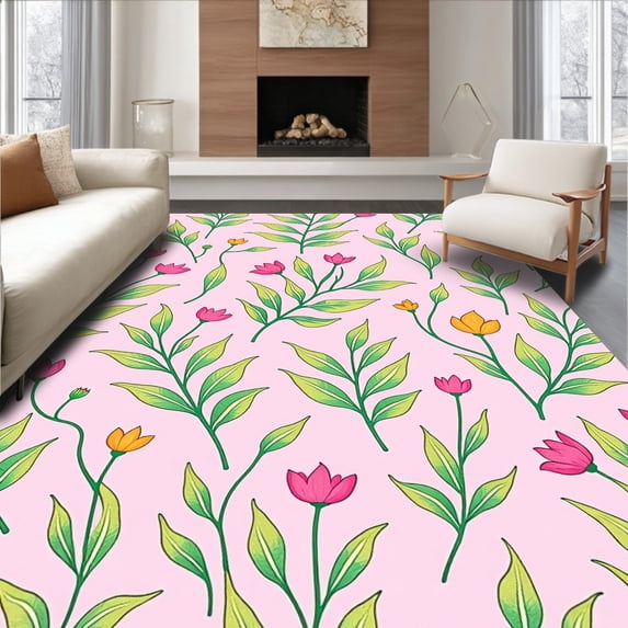 ODIKA 6'x9' Machine Washable Non-Slip Area Rug, Wild Meadow Petal Mosaic Botanical High Traffic Rug, Pink, 552901