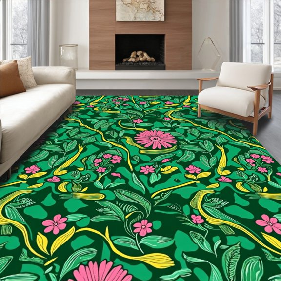 ODIKA 6'x9' Machine Washable Non-Slip Area Rug, Wild Rainforest Expedition Nature Crawl Surface High Traffic Rug, Green, 728575